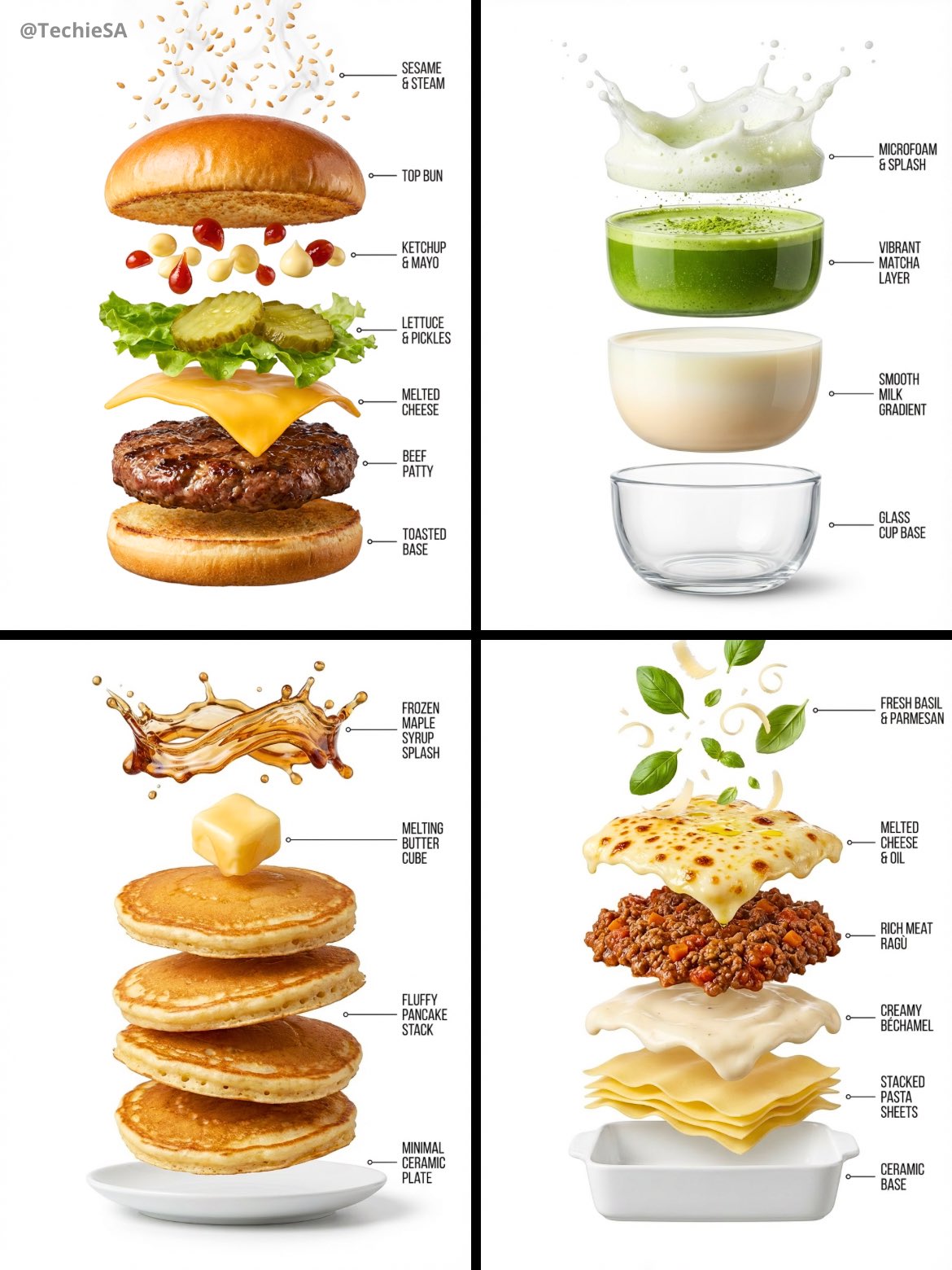 Create a hyper-realistic exploded vertical infographic composition of [FOOD].