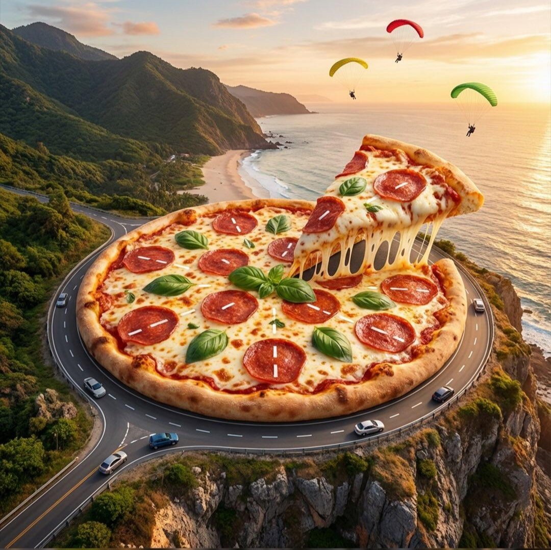 { "Objective": "Create a surreal, hyper-detailed fantasy world where pizza becomes an integral part…