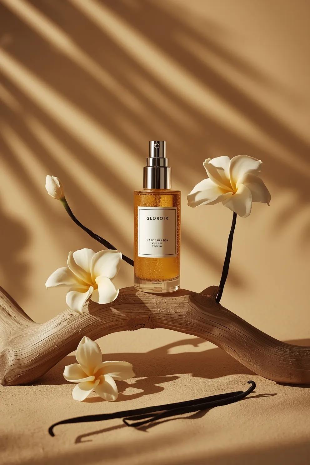 - Ultra-cinematic luxury skincare product photography of a translucent amber serum pump bottle stan…