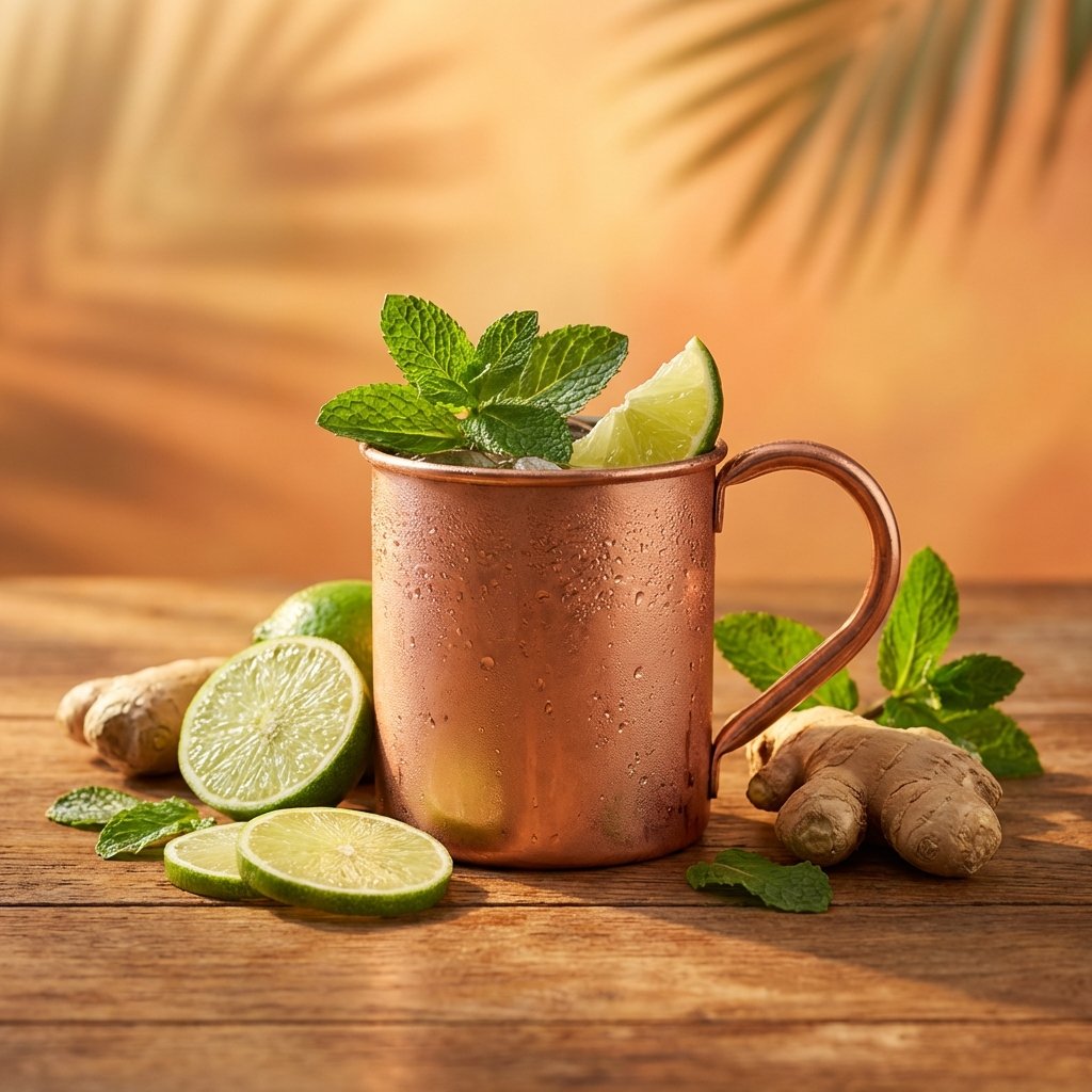 A high-end studio photograph of a [YOUR COCKTAIL], shot from a high-angle slightly top-down perspec…