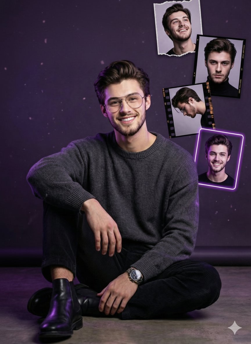 { "Objective": "Create a stylish, cinematic birthday-themed studio portrait with a modern celebrato…