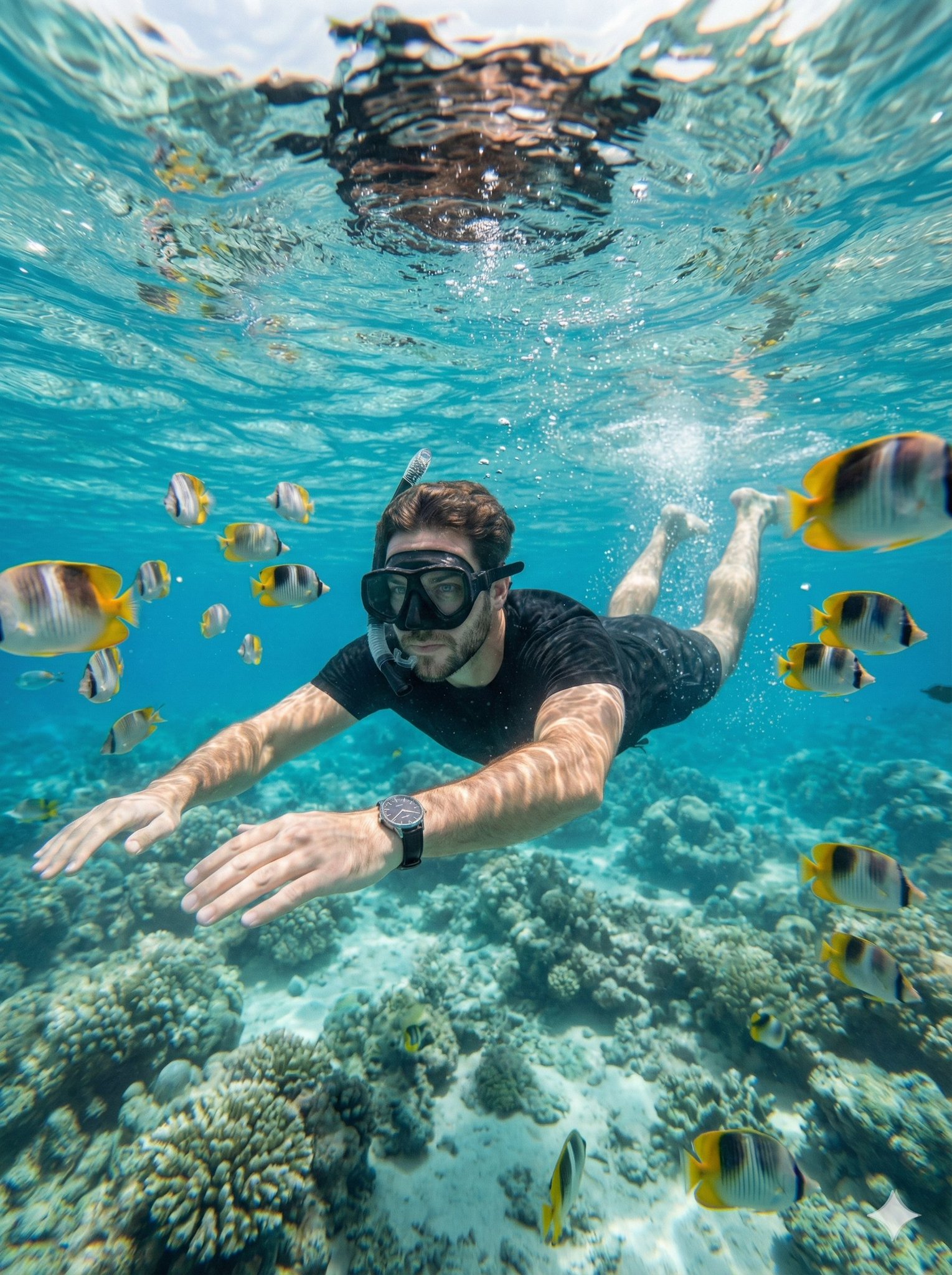 Create a hyper-realistic underwater close-range portrait captured with a wide-angle action camera i…
