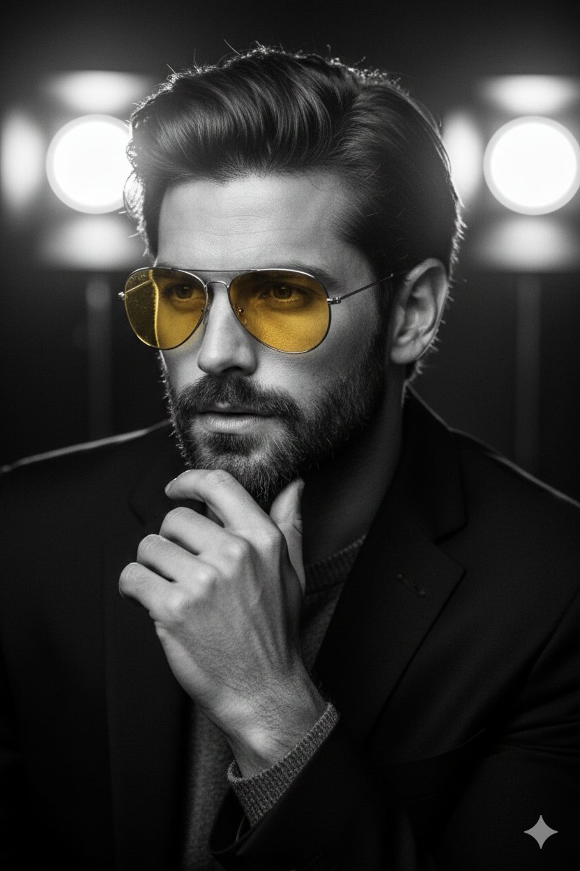 { "Objective": "Create a dramatic black-and-white cinematic portrait with a classic film-noir mood …