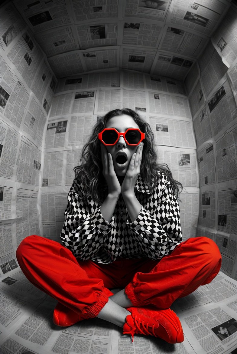 Hyper-realistic editorial photo shot at eye level with a 12mm ultra-wide lens, full-frame camera, d…