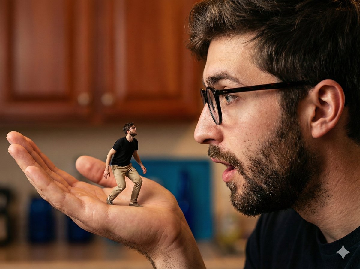 A hyper-realistic, surreal composite shot utilizing forced perspective to create a dramatic scale d…