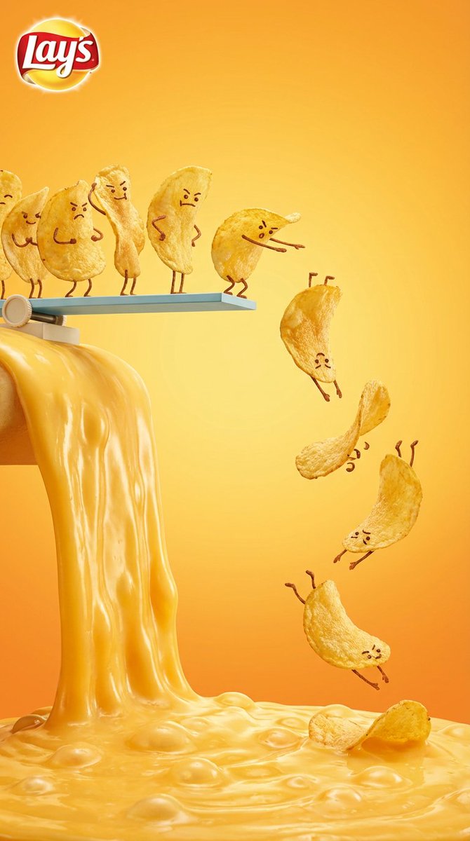 Vertical snack advertising visual with playful anthropomorphic tone. At the top, golden Lay’s potat…