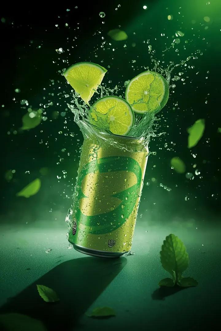 - Ultra-cinematic beverage advertising shot of a sparkling lime soda can, captured from a low three…