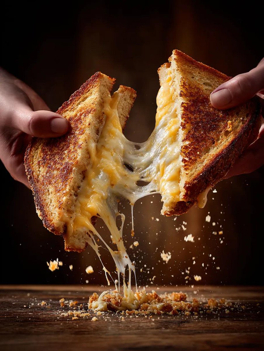 two hands pulling apart a grilled cheese sandwich, strands of melted cheddar stretching dramaticall…