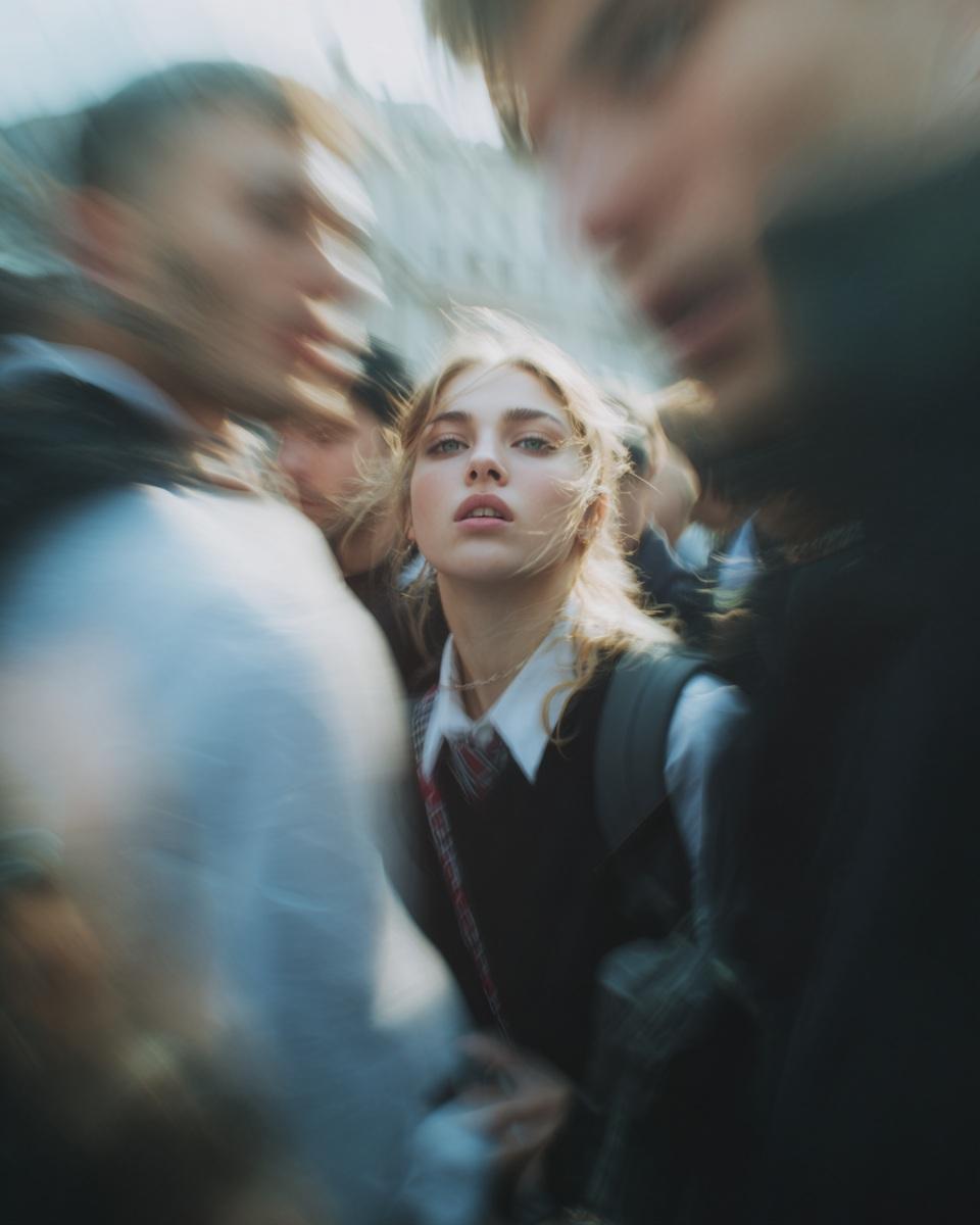 Paparazzi-style extreme close-up photo of a woman with striking facial features, caught off-guard w…