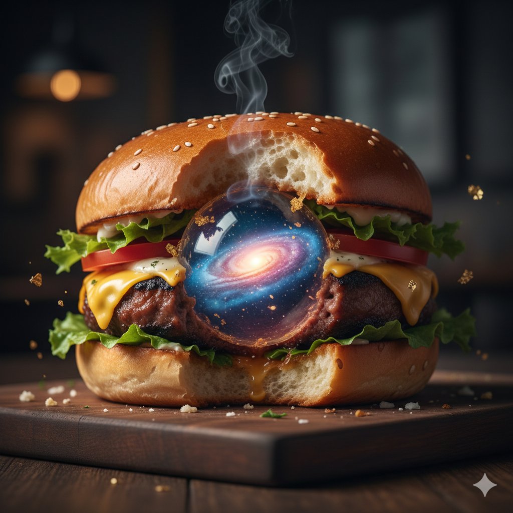 large gourmet burger captured mid-bite