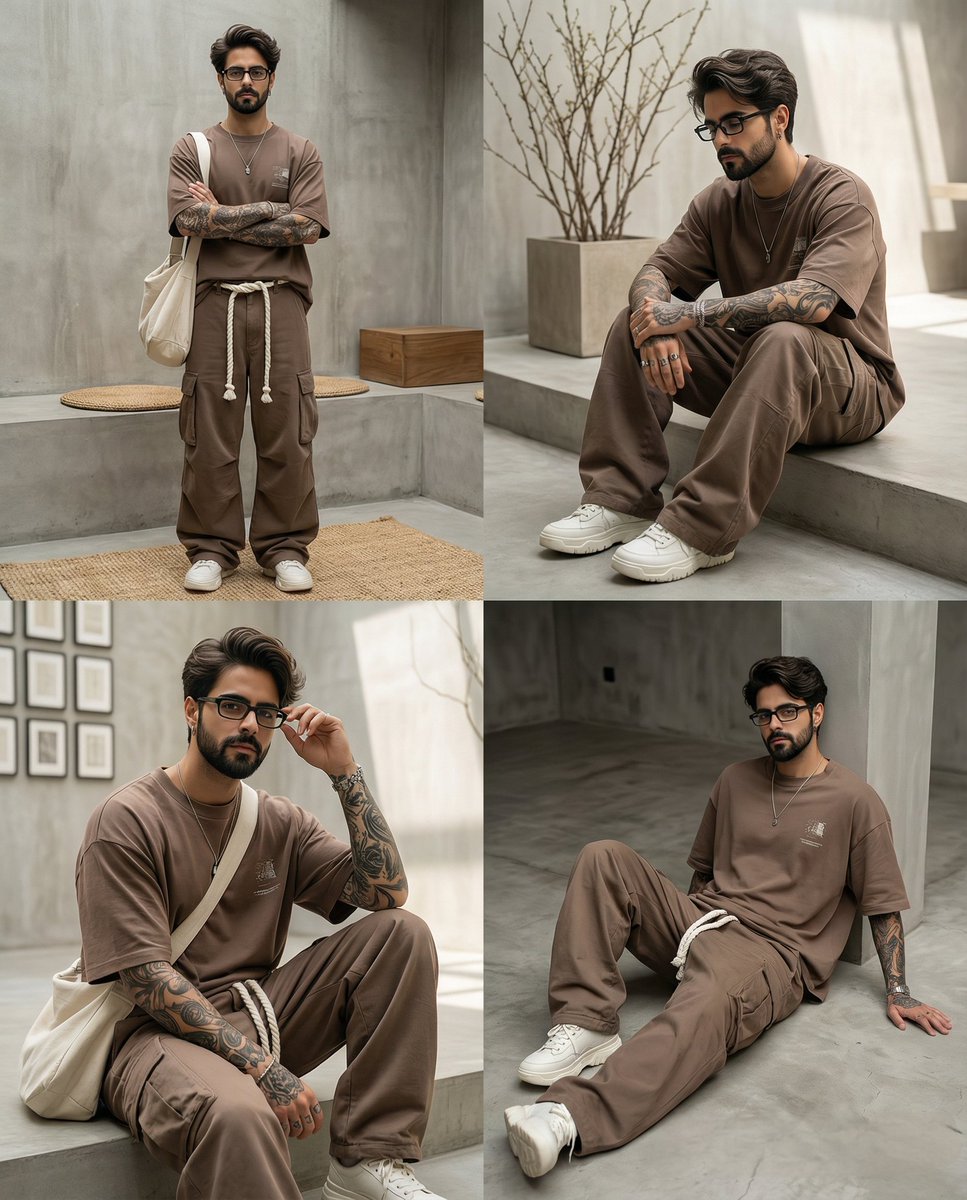 Transform this image [UPLOAD YOU'RE IMAGE] into a 64K DSLR shot resolution of A four-panel fashion …