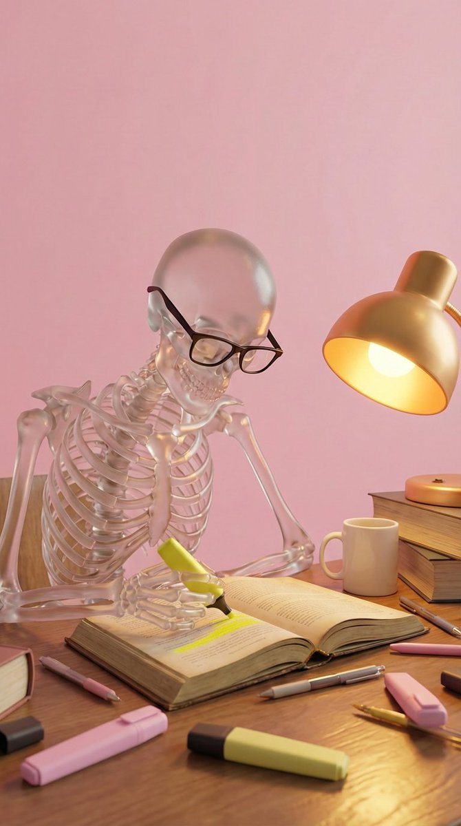 Create a high-quality stylized 3D render of a clear, translucent glass skeleton wearing black-rimme…