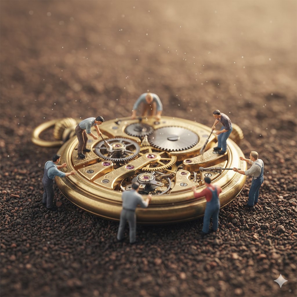 { "prompt": "Ultra-realistic macro scene depicting tiny restoration workers collaboratively repairi…