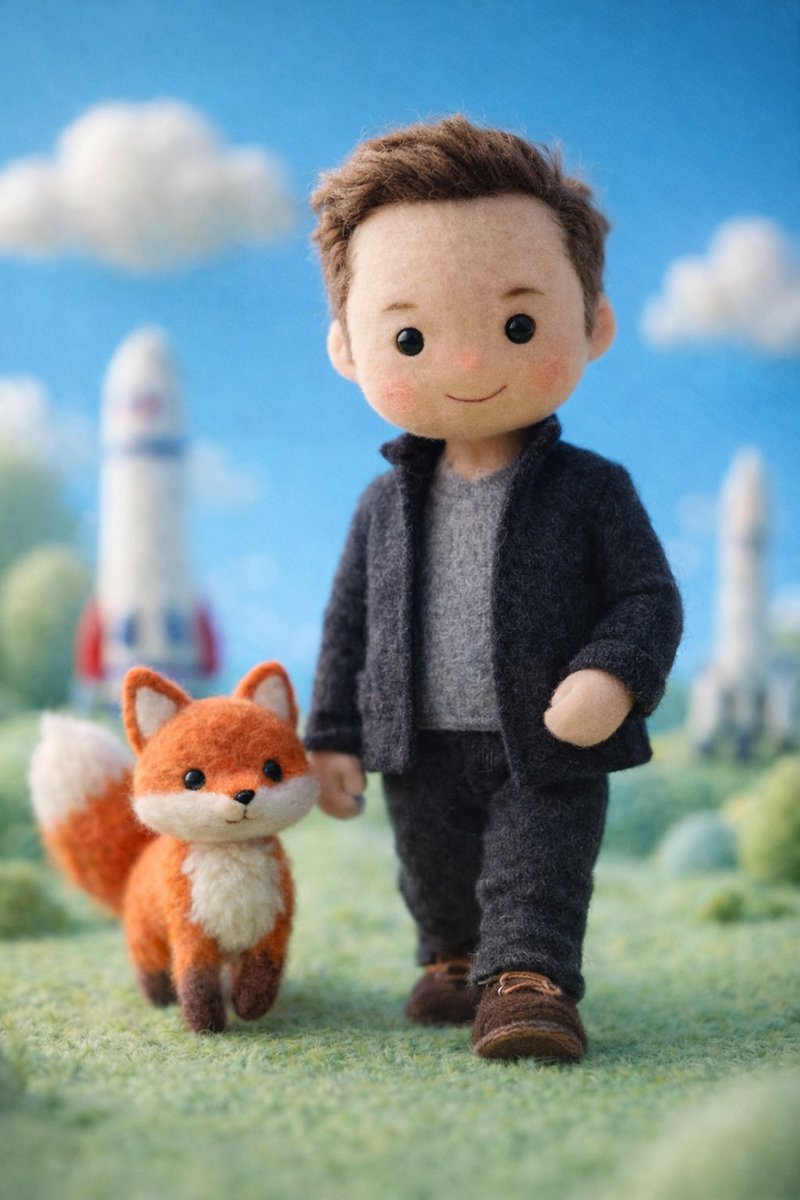 A handcrafted felt miniature illustration of [Celebrity] reimagined as a soft wool doll character. …
