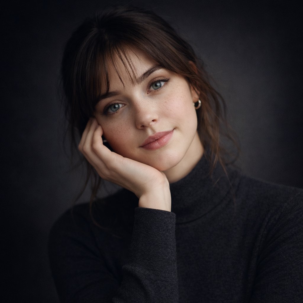 Ultra-realistic studio portrait of a young woman, front-facing, centered composition, symmetrical f…