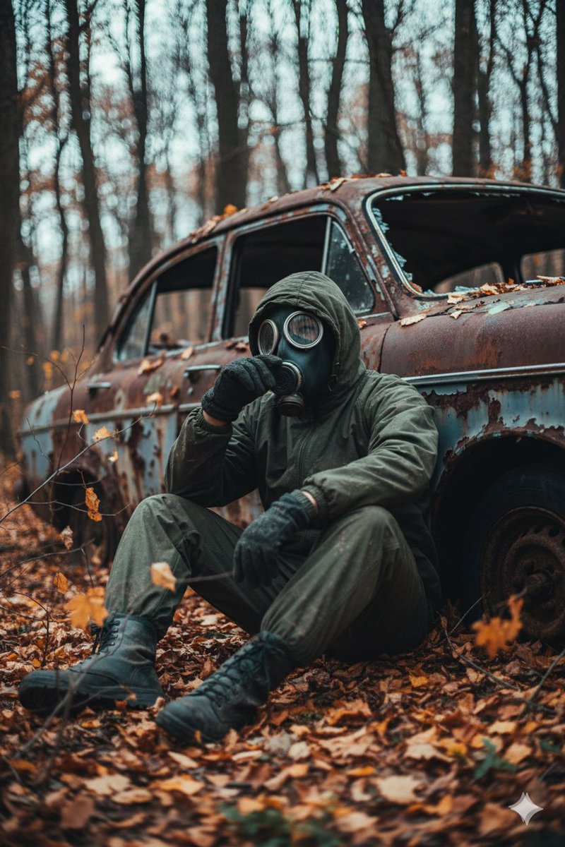 A cinematic, ultra realistic post apocalyptic scene of a lone survivor sitting on the forest ground…