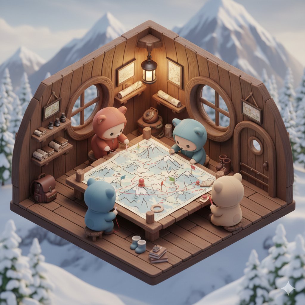 { "prompt": "Isometric 3D kawaii scene of chibi baby bears designing a mountain snow map inside a c…