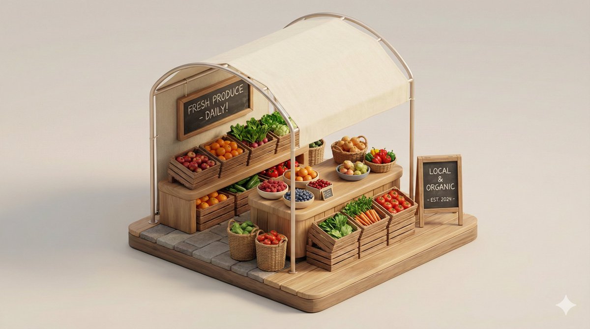 A clean, minimal 3D isometric diorama of a [URBAN RETAIL TYPE], featuring a [MAIN COUNTER / DISPLAY…