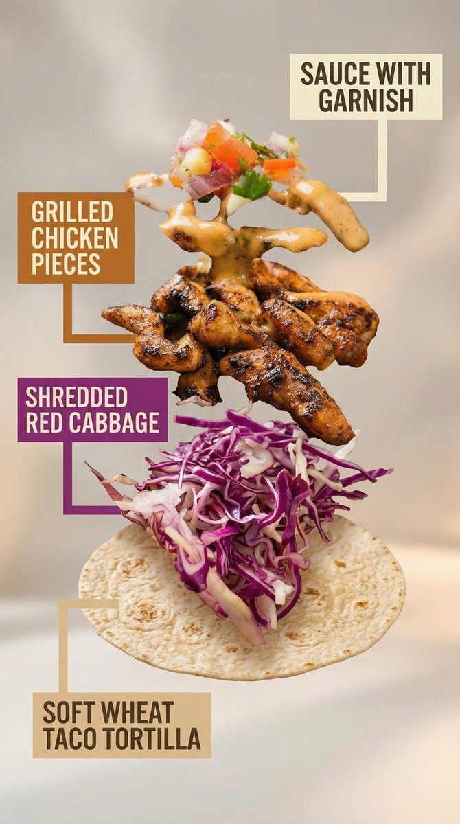 A high-end commercial food photograph of the same two tacos from the reference image, preserving th…