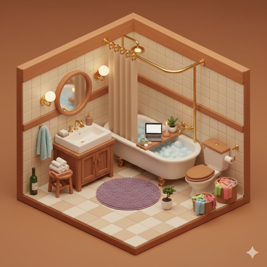 { "prompt": "cute cozy isometric 3D miniature bathroom diorama, warm cozy aesthetic, detailed tiny …