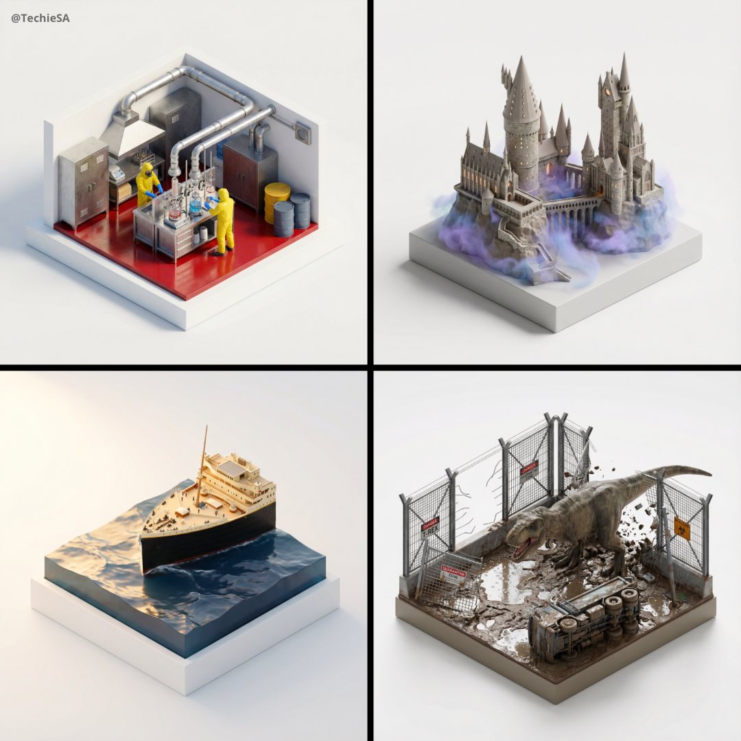 Stylized, ultra high-fidelity 3D isometric miniature diorama, 35–40° isometric view, palm-sized col…