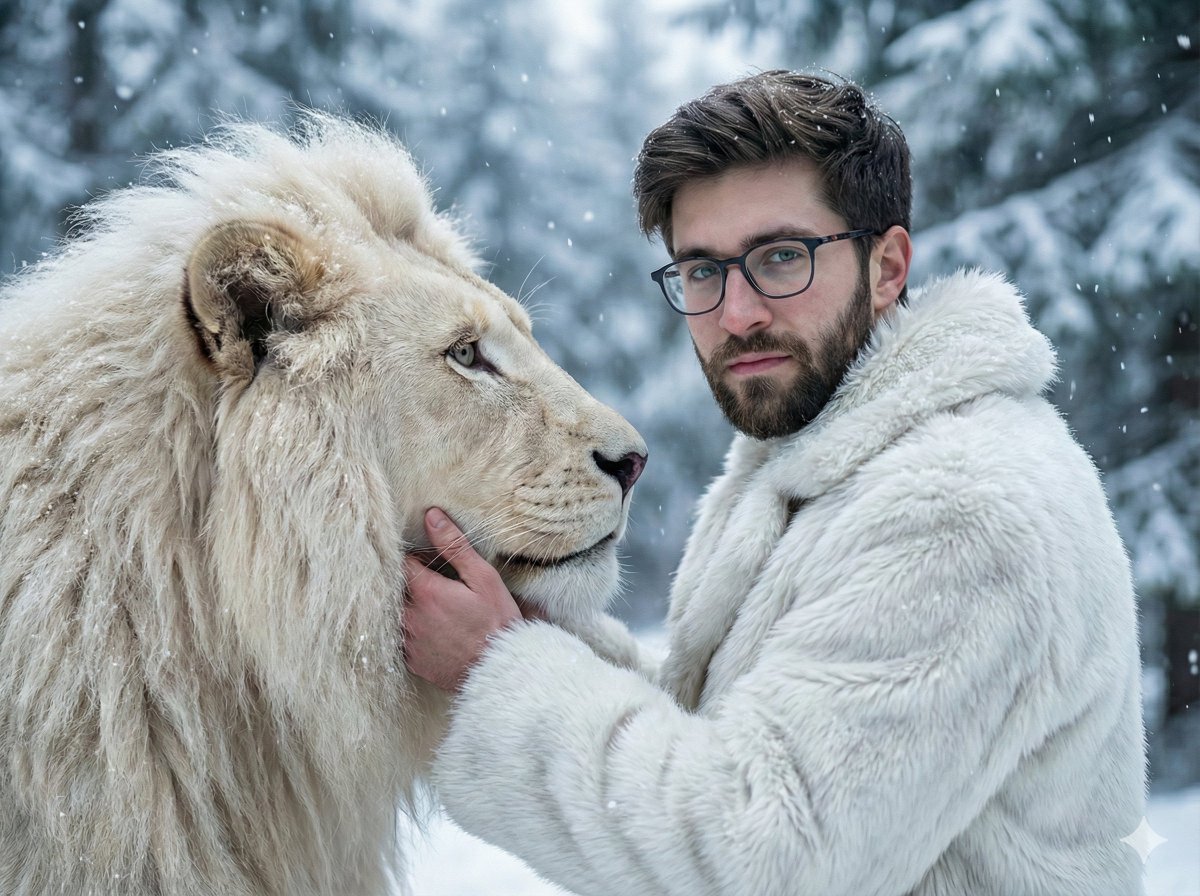 A cinematic ultra-realistic portrait of a man standing face-to-face with a majestic white lion in a…