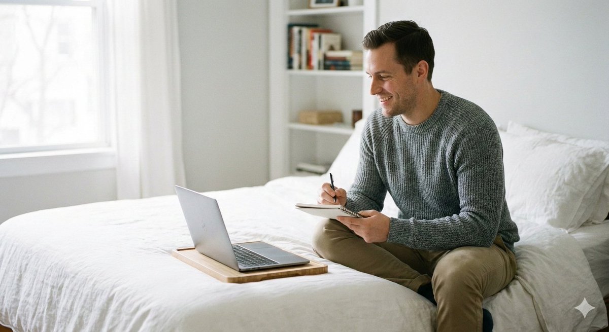 person sitting casually on a bed