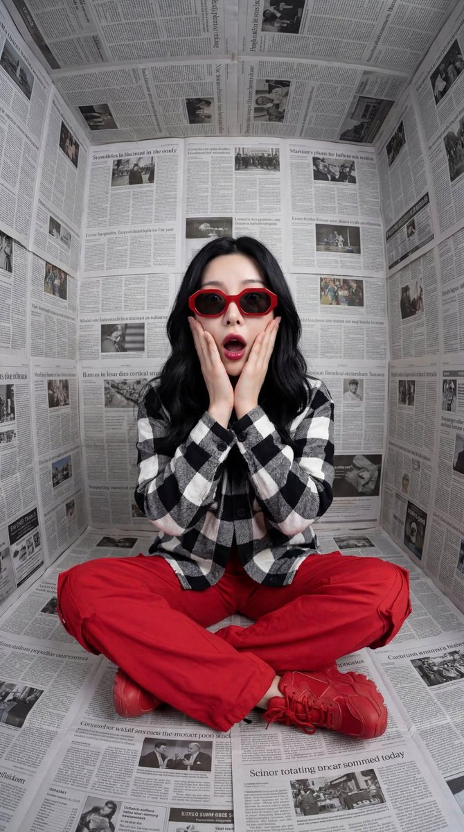 { "Objective": "Create a stylized fashion portrait with bold color contrast and a modern surreal ed…