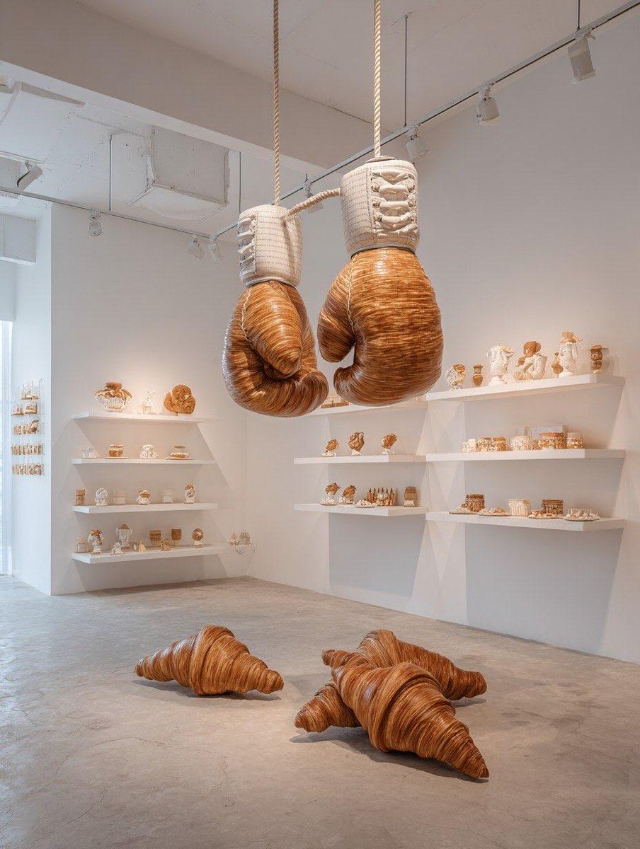 Oversized sports equipment sculpture made entirely from croissants