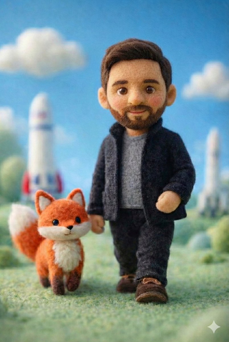 A handcrafted felt miniature scene featuring a soft wool doll character with simplified facial feat…