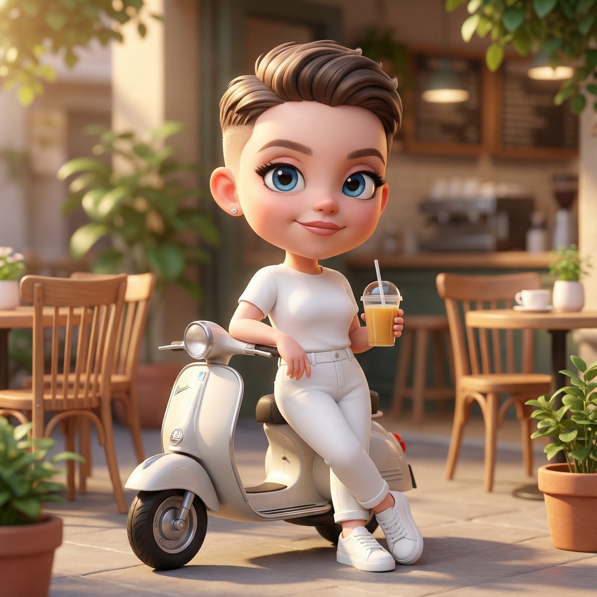 A cute 3D chibi-style character of the uploaded image leaning against a parked mini chibi scooter, …