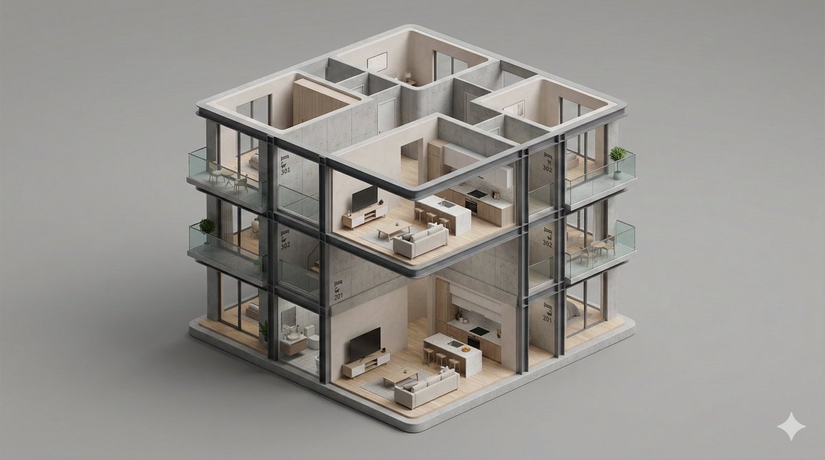A clean, minimal 3D isometric diorama of a [BUILDING TYPE] section, featuring [INTERIOR / EXTERIOR …