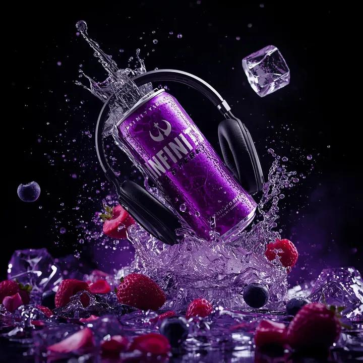 Ultra-cinematic product photography of a purple energy drink can labeled “INFINITY ENERGY DRINK – N…