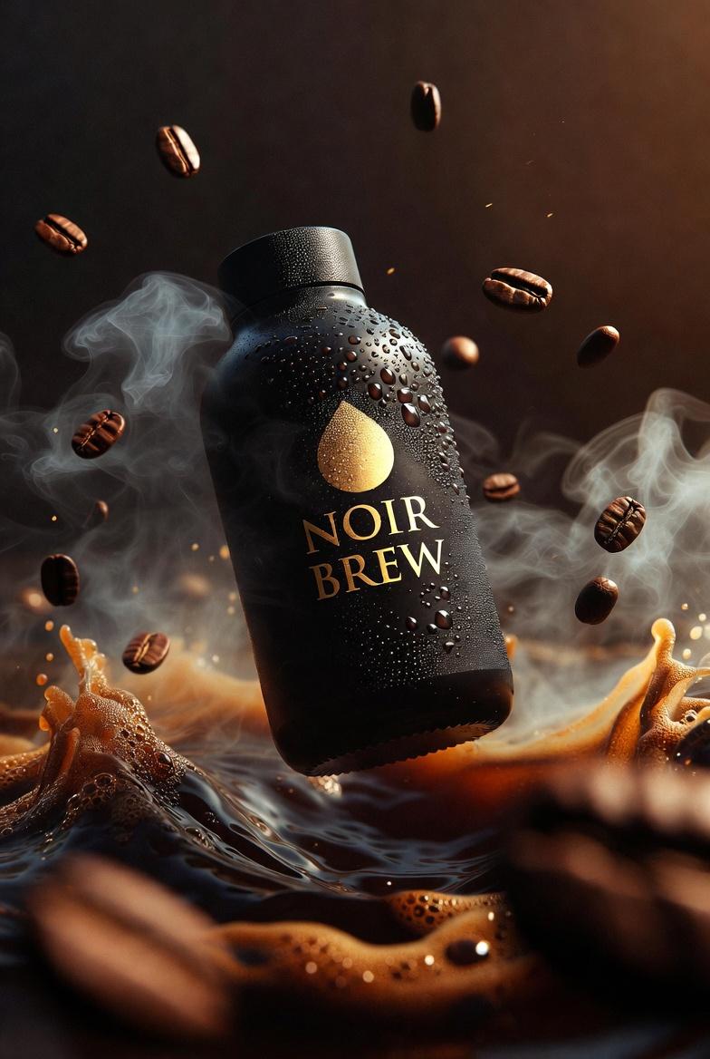 Ultra-cinematic premium coffee bottle labeled “NOIR BREW”, matte black glass with gold typography, …