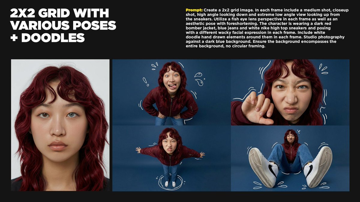 Create a 2x2 grid image. In each frame include a medium shot, closeup shot, high angle looking down…