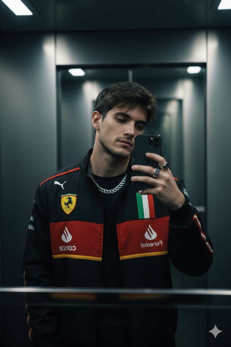 A moody cinematic mirror selfie of a stylish young man use image for face reference with tousled da…