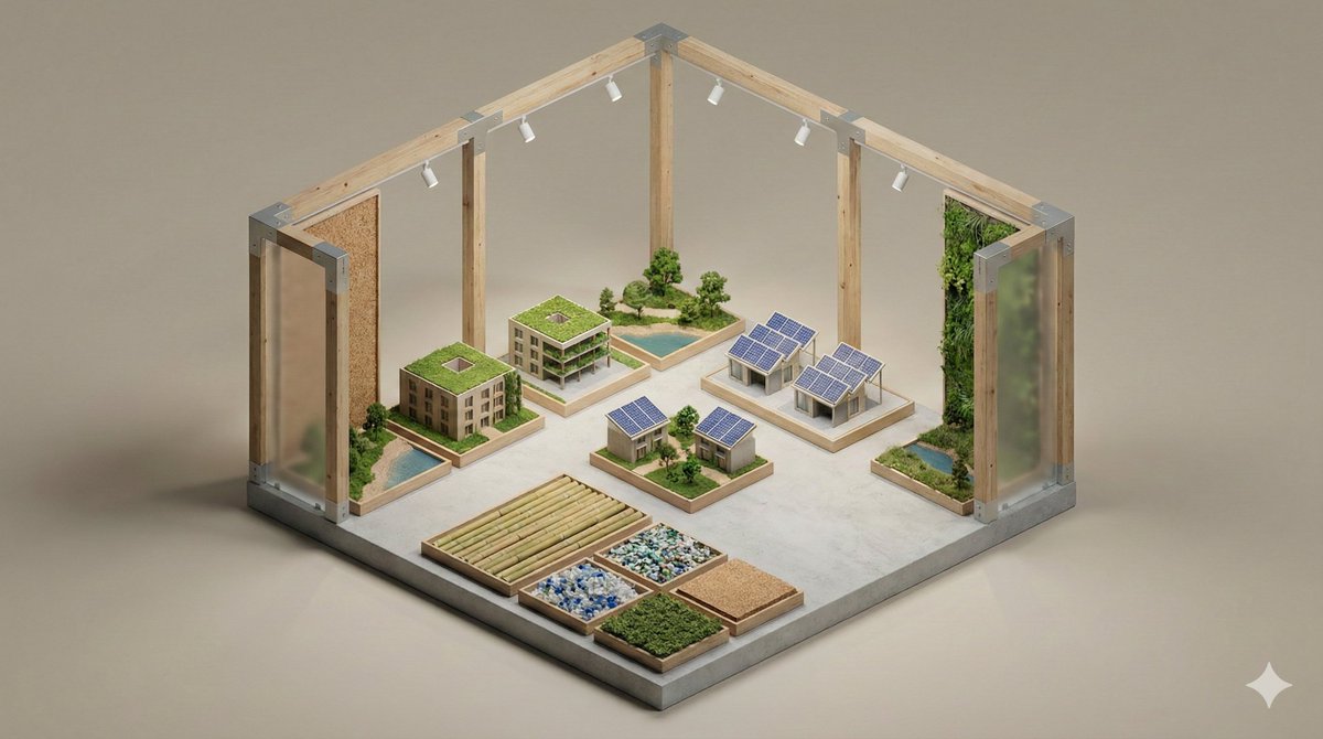 A clean, minimal 3D isometric diorama of a [EXHIBITION TYPE], featuring [DISPLAY OBJECTS] arranged …