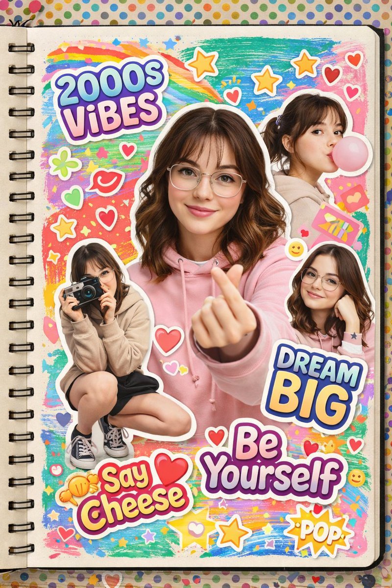 A vibrant 2000s scrapbook-style collage featuring the same young woman in multiple cutout poses. On…