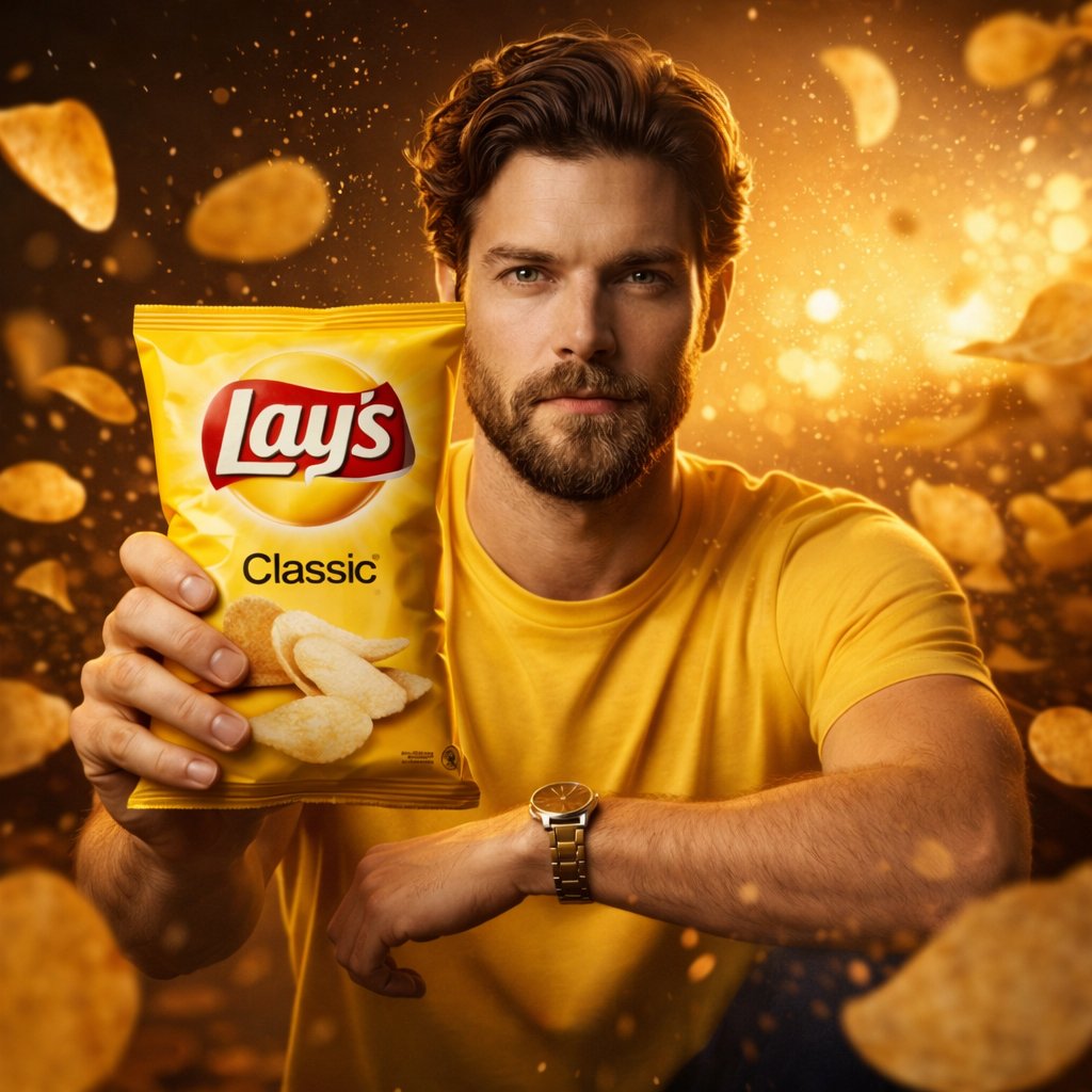 A cinematic, ultra-realistic advertising shot of a man holding a Lay’s [FLAVOR NAME] chips packet i…