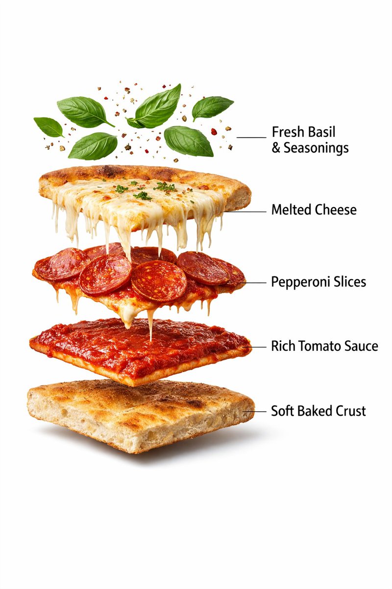 - Ultra-realistic prepared pepperoni pizza slice, fully assembled, gooey melted mozzarella cheese s…
