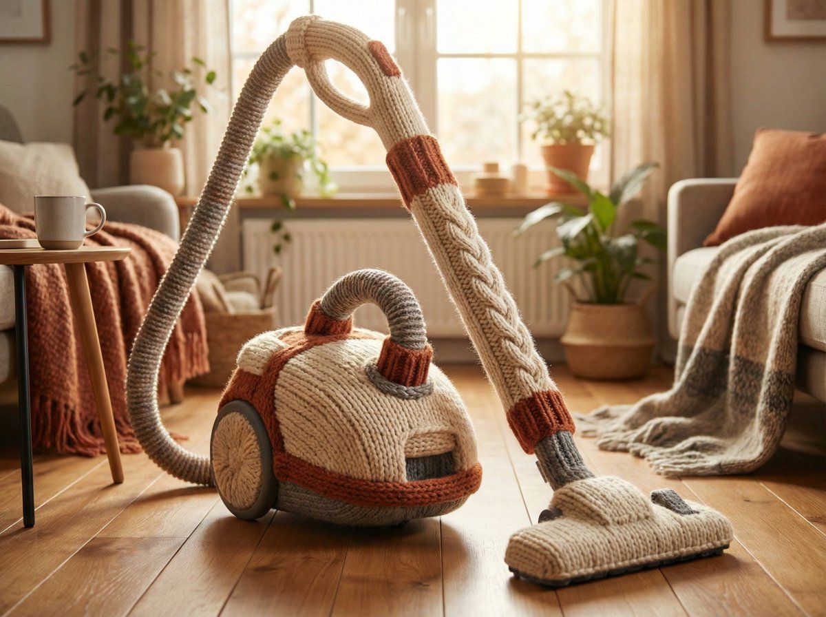 An [OBJECT] rendered as if entirely hand-knitted from chunky wool yarn, impossibly functional-looki…
