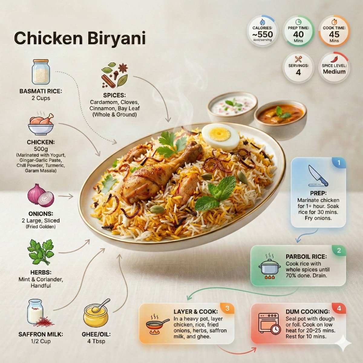 Ultra-clean modern recipe infographic. Showcase briyani in a visually appealing finished form—slice…