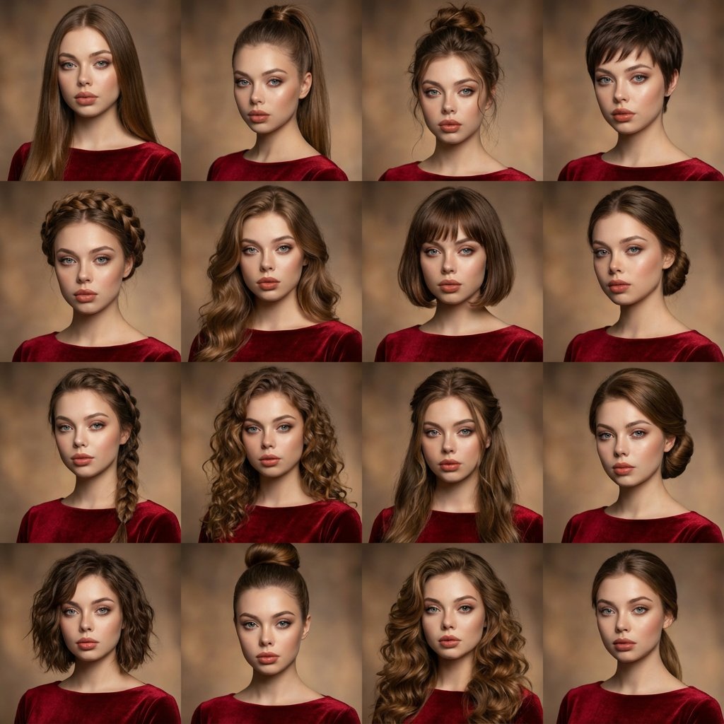 A high-quality photo collage featuring the same person with identical facial features and expressio…