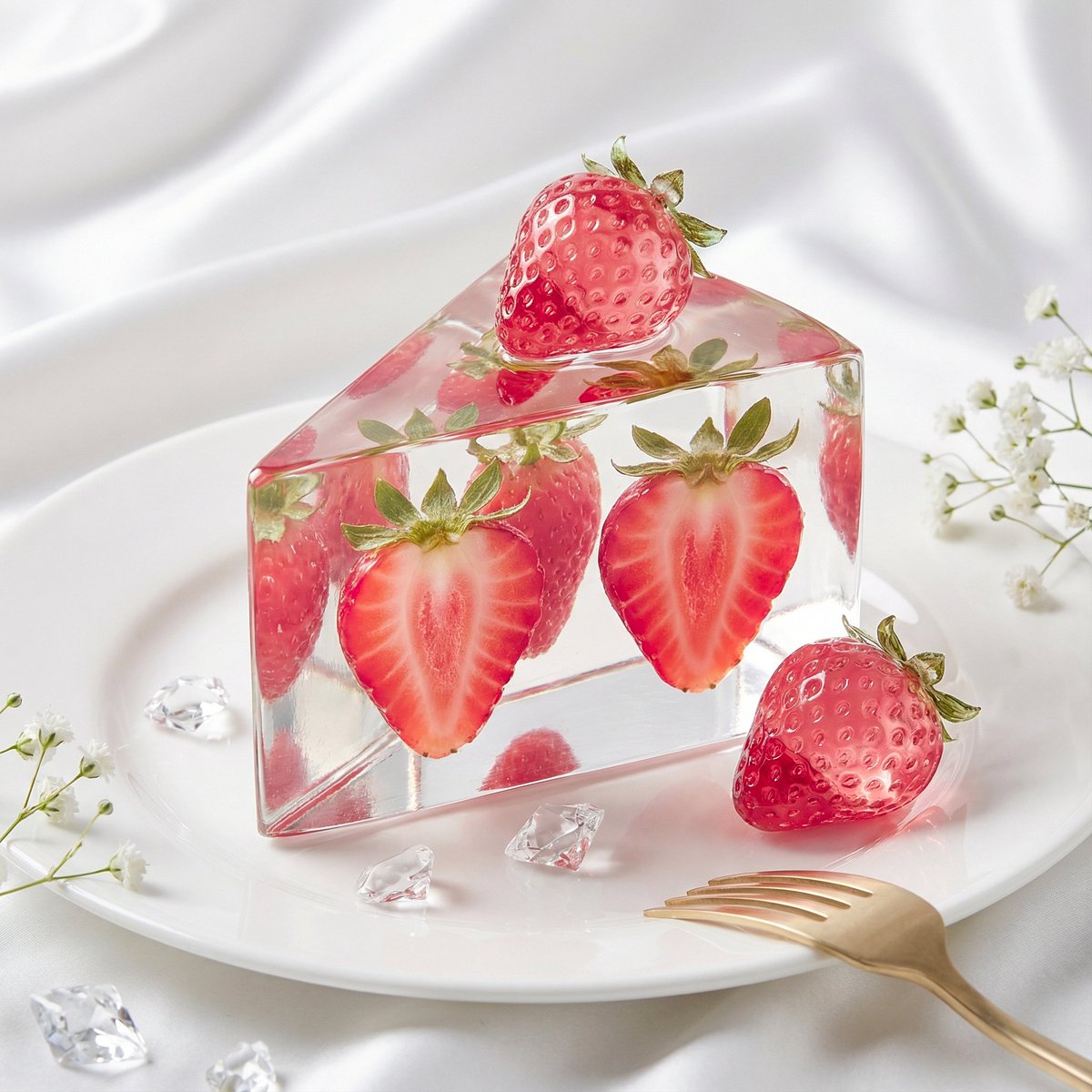 Create a luxury fashion-editorial still life of a sharp triangular prism cake slice made of hard cr…