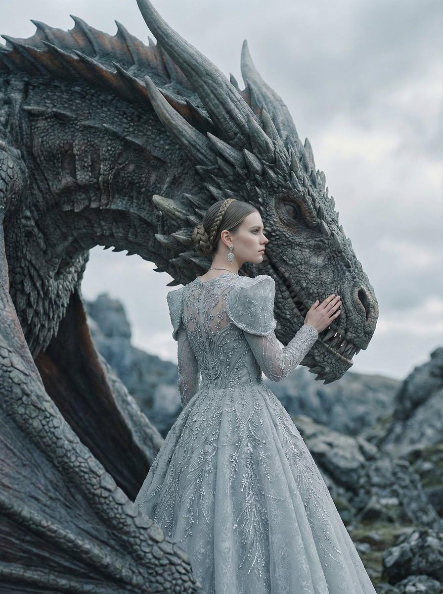 Luxury fashion editorial portrait of a woman standing beside a majestic dragon, her forehead gently…
