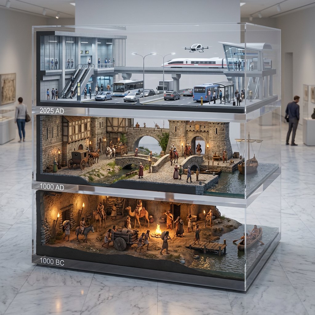 Cinematic, hyper-realistic. A stacked depth composition of ultra-detailed 16K 3D-scanned transporta…