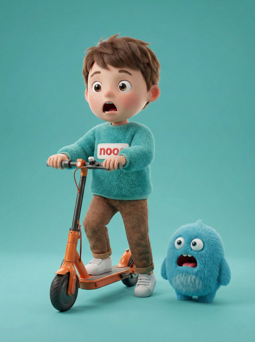 A high-quality 3D render of a cute young boy riding an orange electric scooter next to a small, rou…