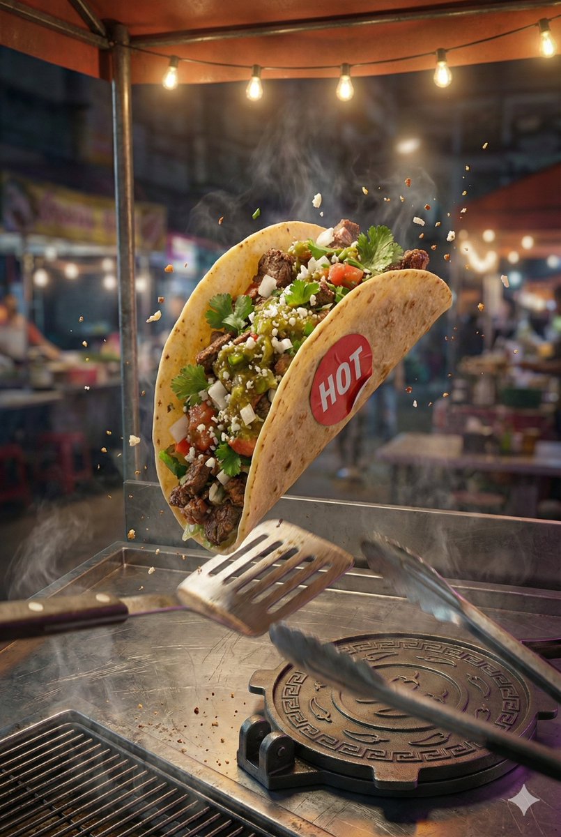 Generate a '2:3' hyper-realistic, high-resolution poster featuring the attached taco image. Adjust …