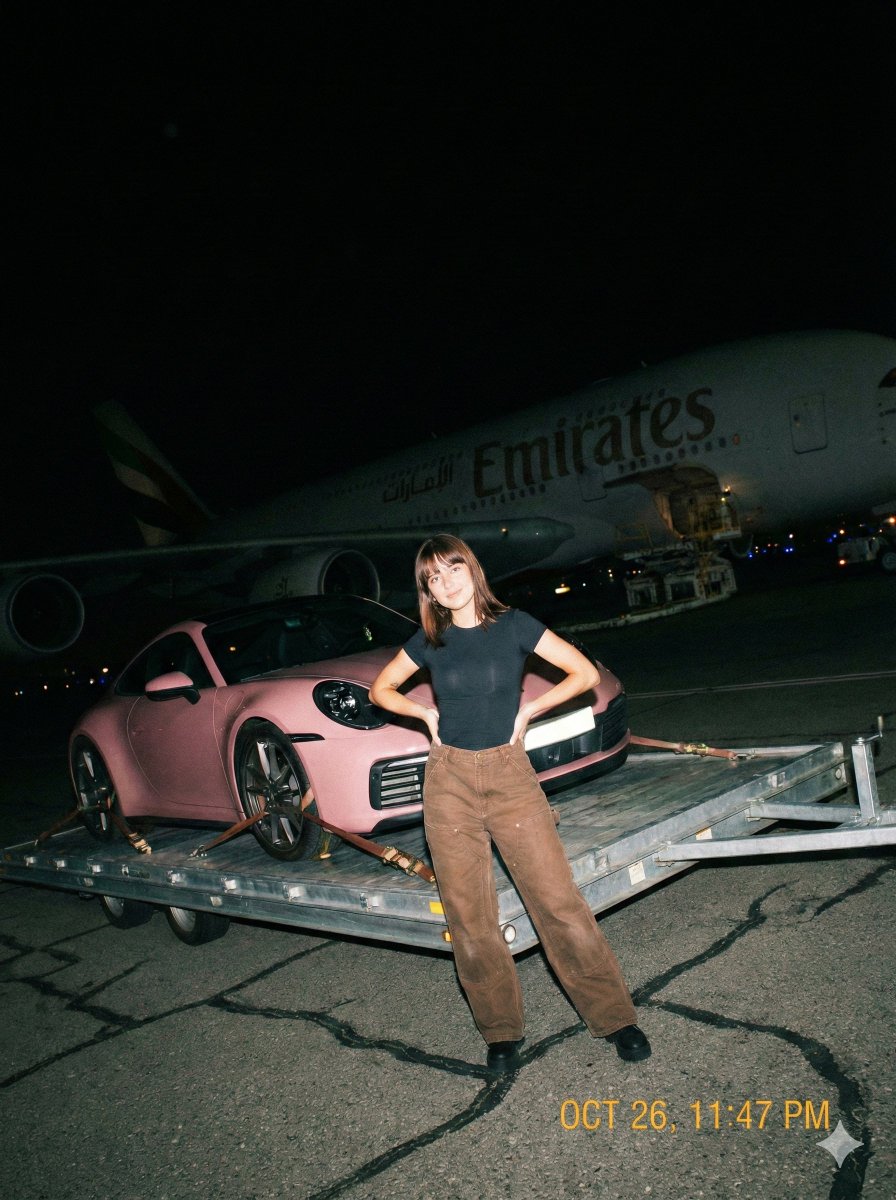 A gritty, handheld iPhone photo taken at night on an airport tarmac with harsh direct on-camera fla…