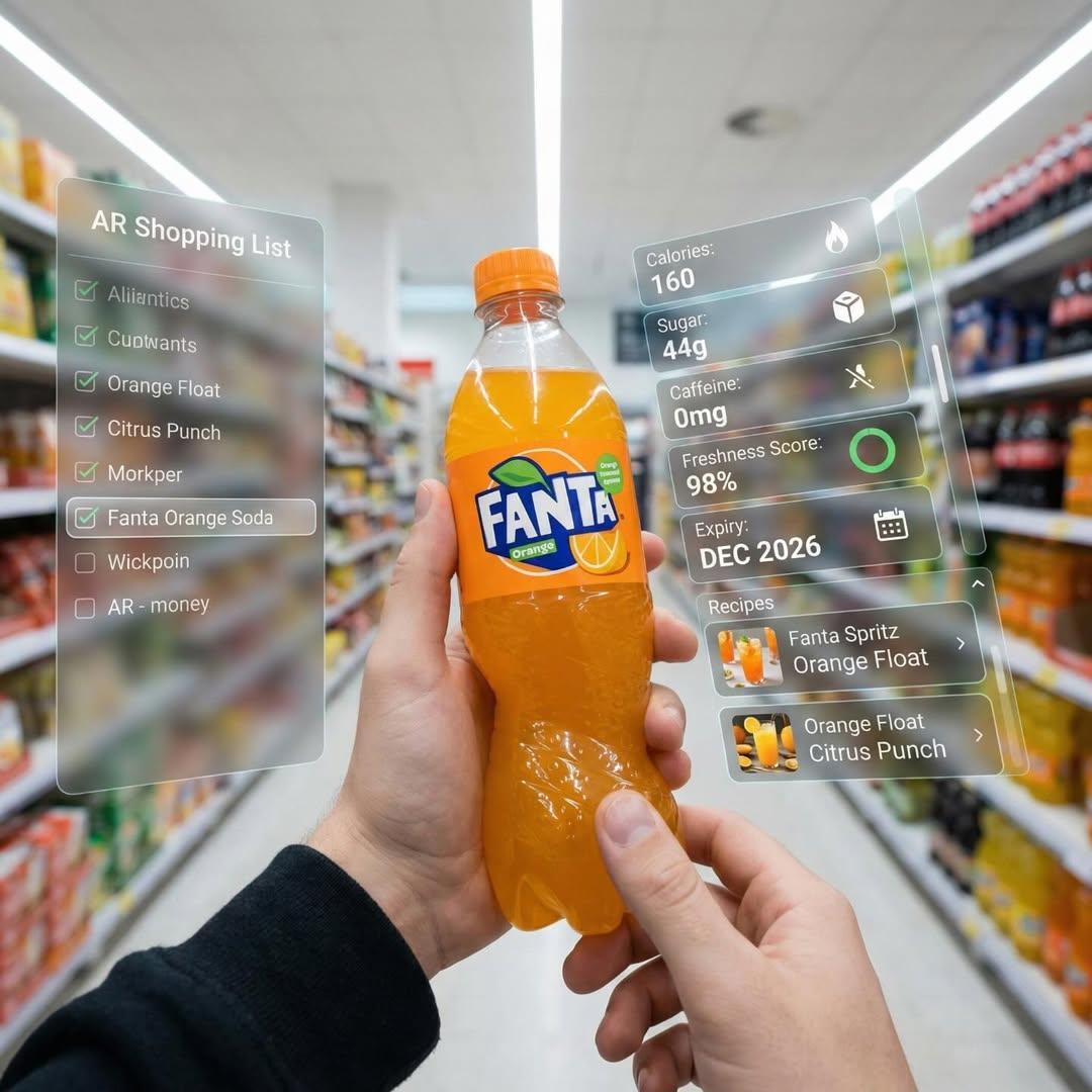 First-person perspective inside a brightly lit supermarket aisle. Realistic human hands are holding…